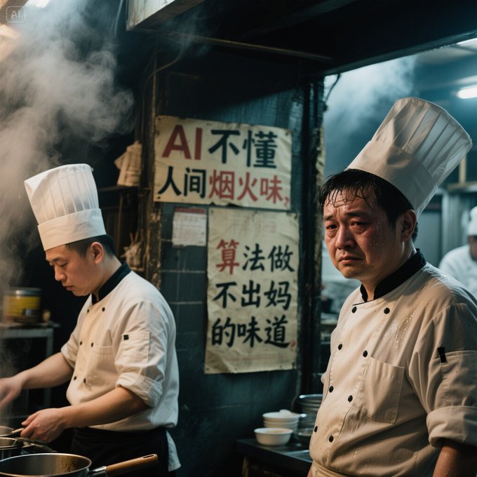 中餐厨师在厨房工作,墙上标语:AI不懂人间烟火味