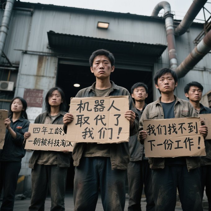 被解雇的工厂工人手举抗议牌